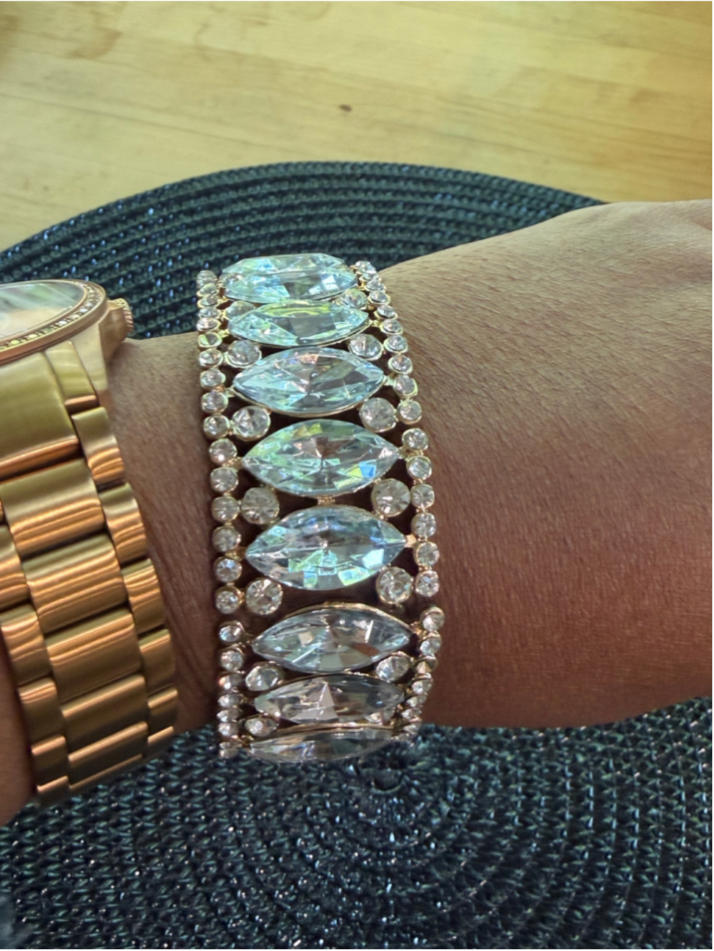 Gold and Clear Crystal Statement Bracelet, One Size